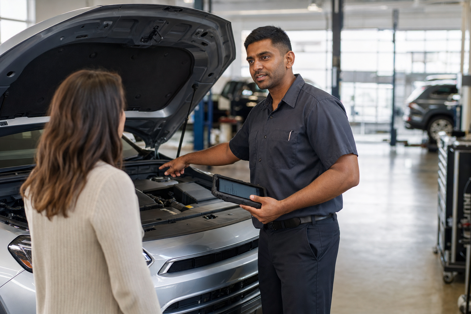 Service advisor with a customer beside an open hood in the service bay